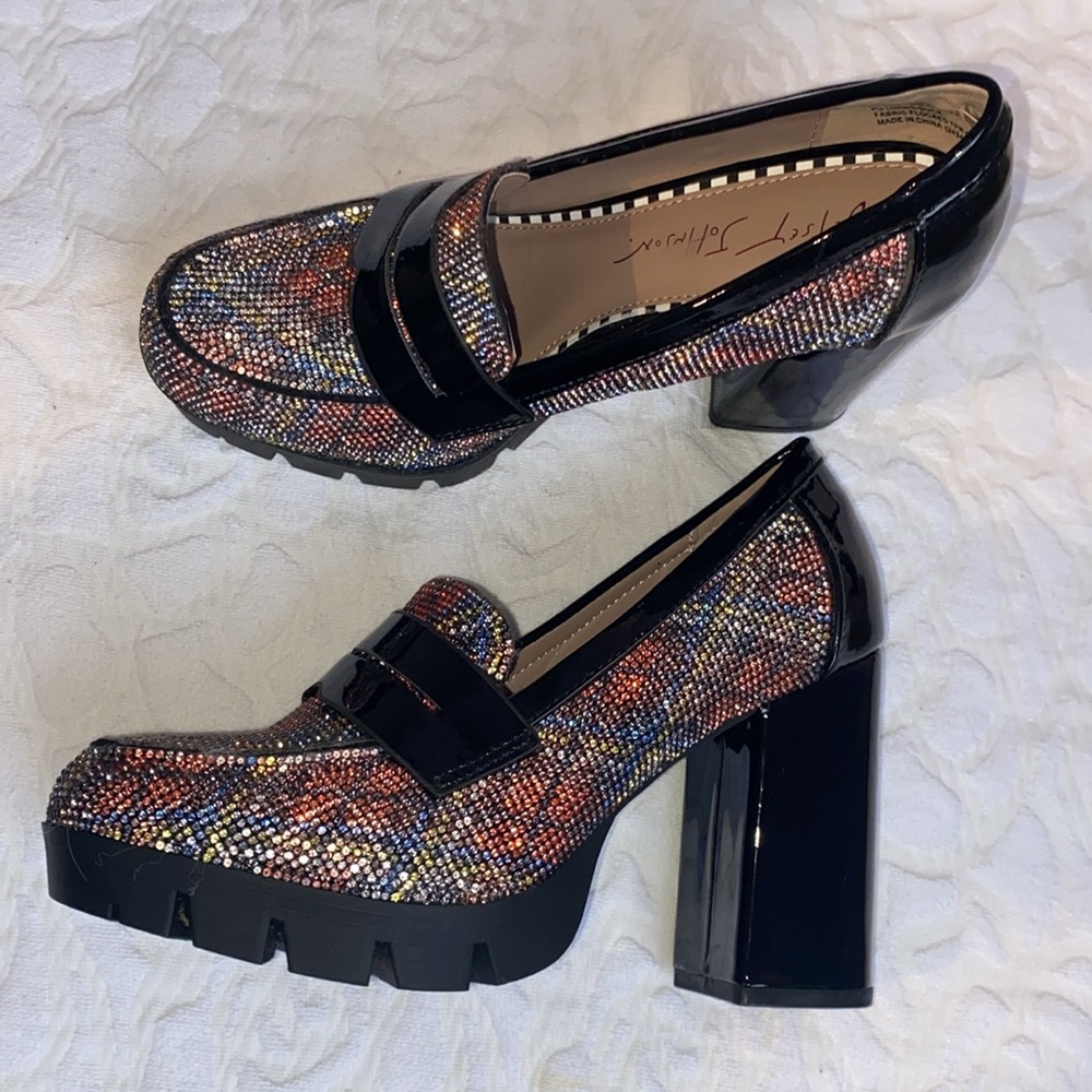 Betsey Johnson Adelyn, rhinestone, 4” heels, platform loafer. Size 7 New.